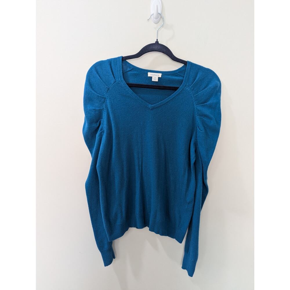 Sundance Teal Ruched Shoulder Lambswool Cashmere V Neck Sweater